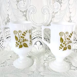 Vintage MCM 1950’s Green Floral White Milk Glass Pedestal Mug Irish Coffee